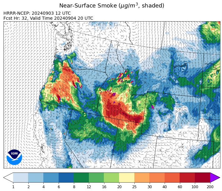 By late Wednesday, the HRRR smoke model shows a departing trough shifting much of the heaviest smoke south into Idaho.